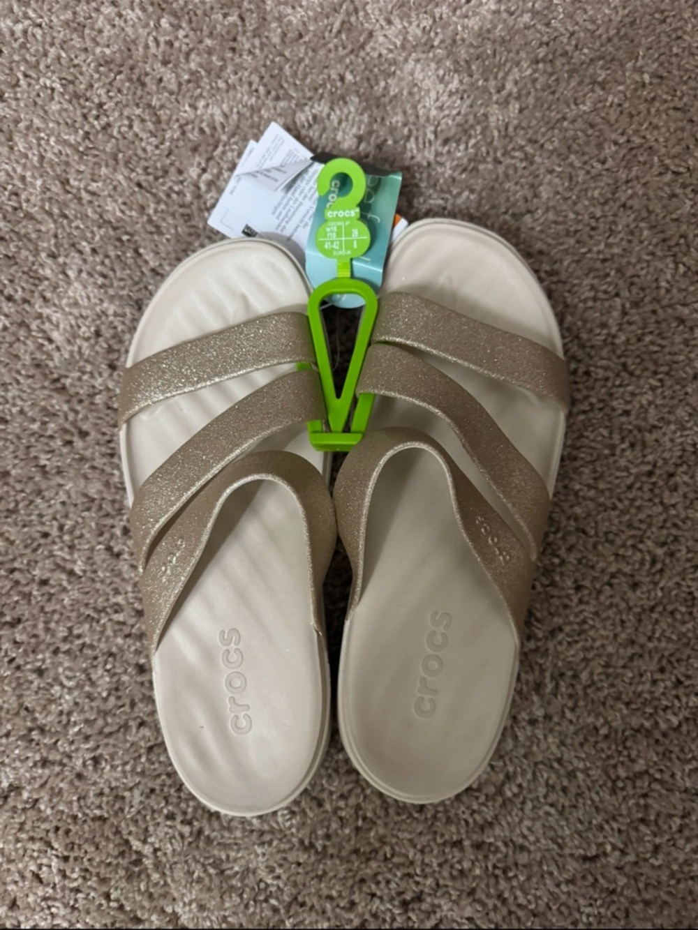 CROCS Women's Glitter Triple-Strap Slide Sandals in Gold Cream